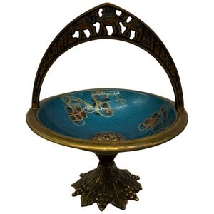 Ornate Brass Teal Enamel Decorative Candy Dish with Elephant Handle
